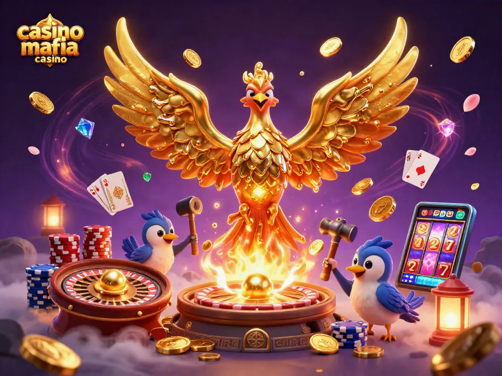 Engage with the exciting casino mafia casino as a golden phoenix emerges from coins and gaming elements.