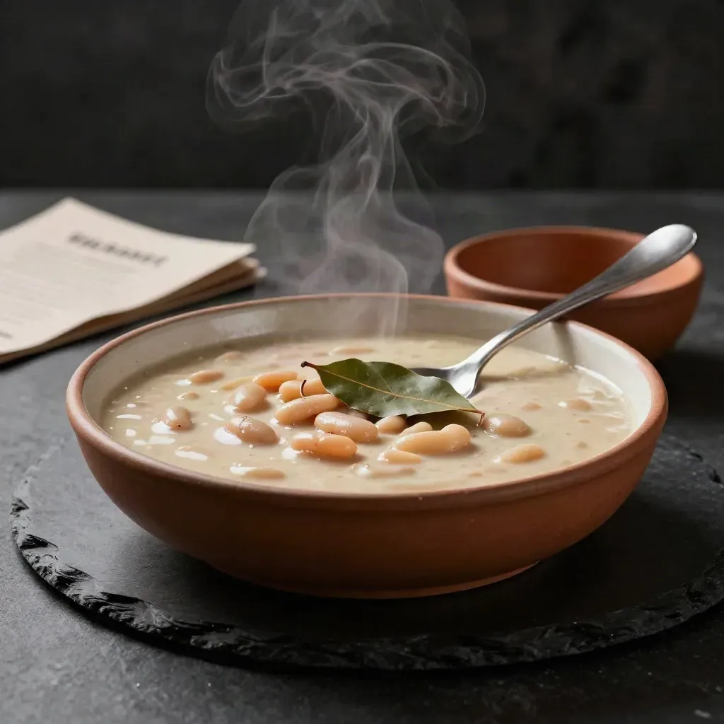 Zuppa pronta di fave bianche fumante in vaschetta neutra con cucchiaio in ceramica e ciotola terracotta
