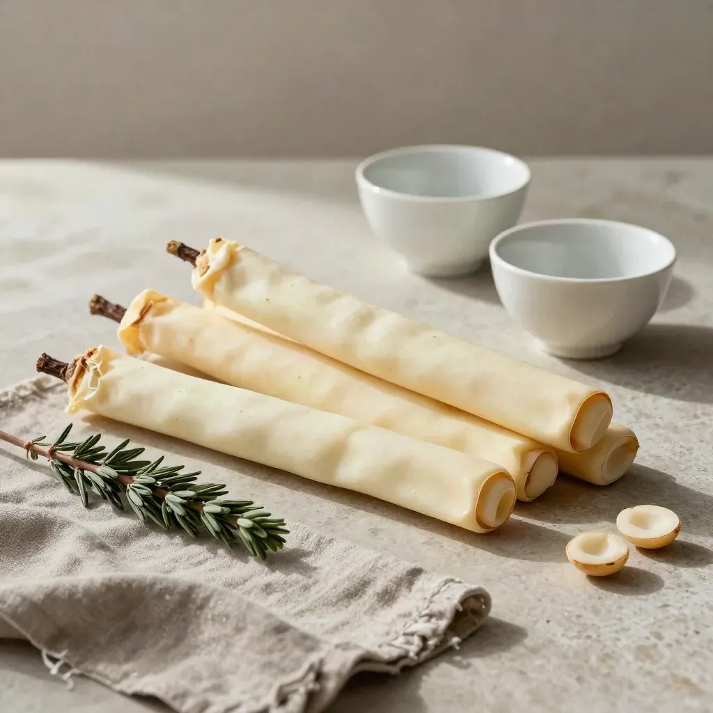 Tre confezioni di fave bianche con ciotole, salvia e canovaccio su pietra chiara.