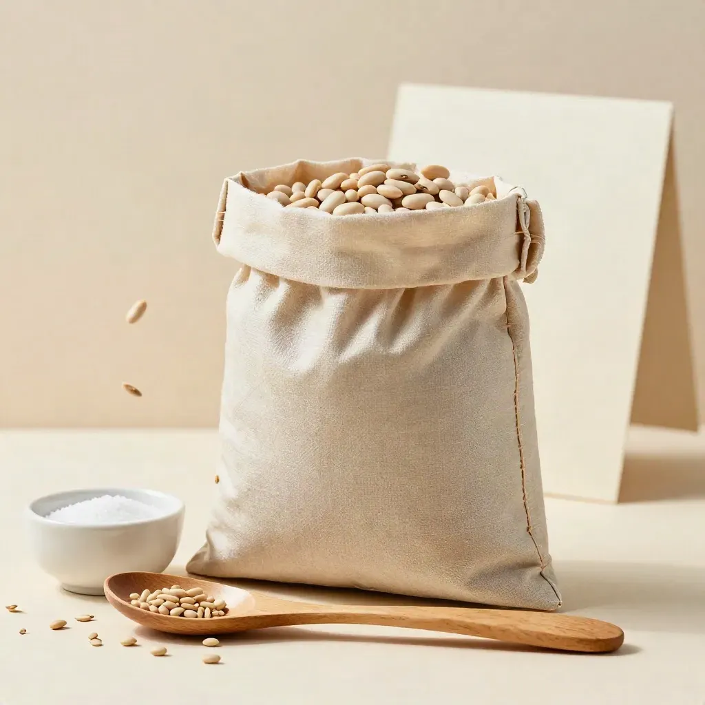 Busta neutra di fave bianche secche, chicchi sparsi, sale e cucchiaio di legno su fondo crema.