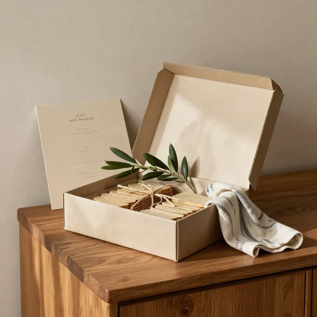 Box regalo kraft con fave bianche, spago e rami d’ulivo su credenza di rovere.