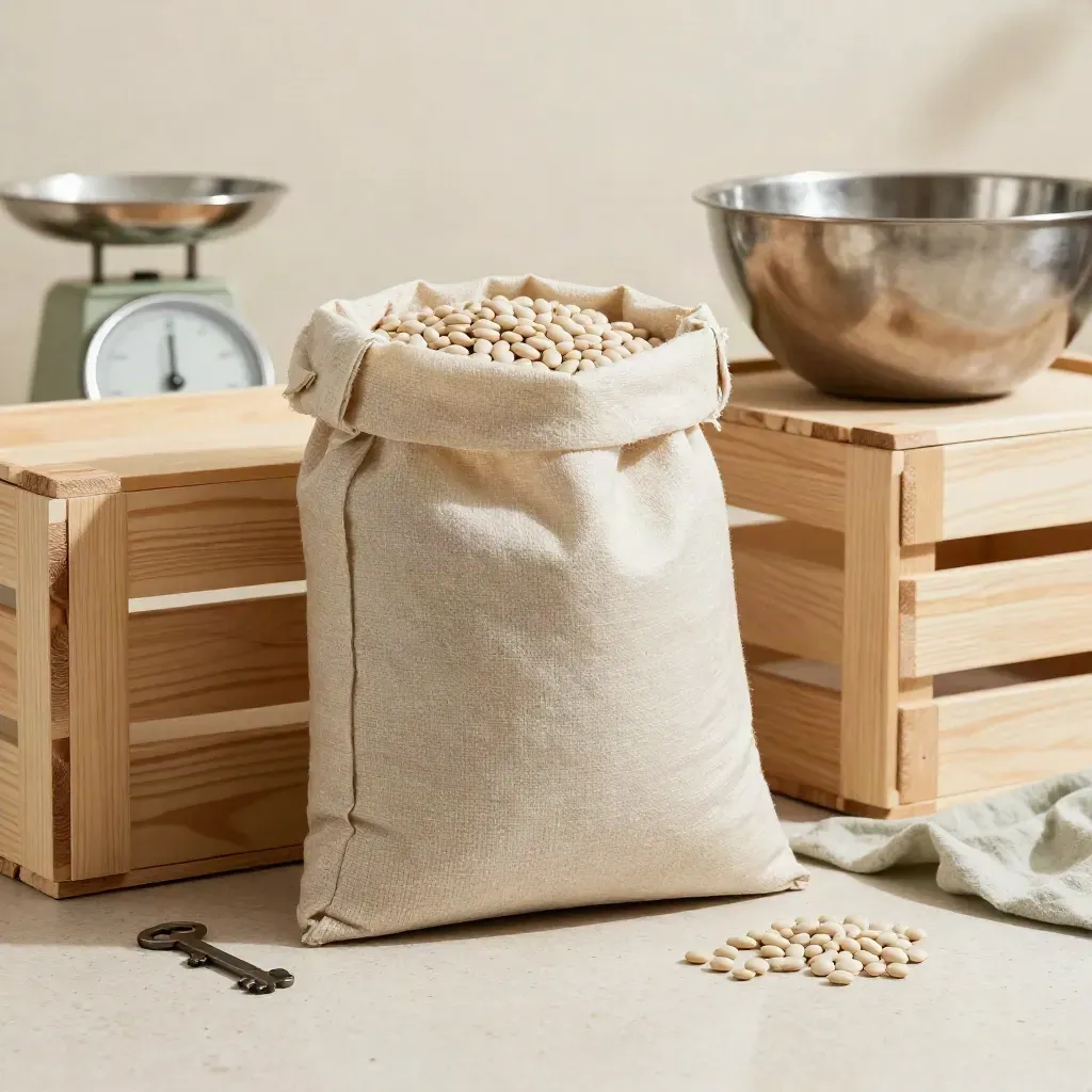 Sacco di fave bianche con cassetta di legno, bilancia sfocata e ciotola metallica in studio.