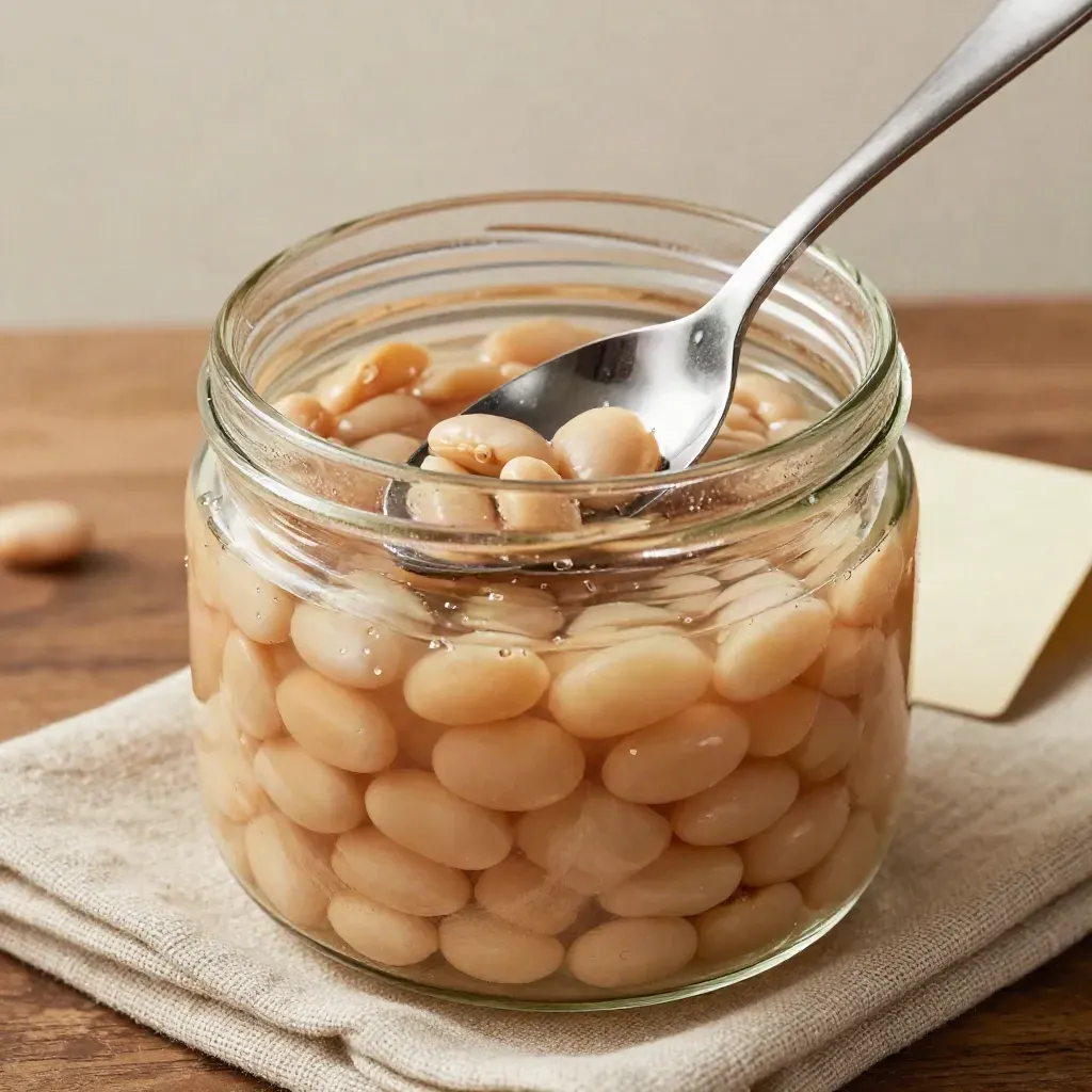 Vaso di fave lessate con cucchiaio d'acciaio, brodo lucido e lino su legno caldo.