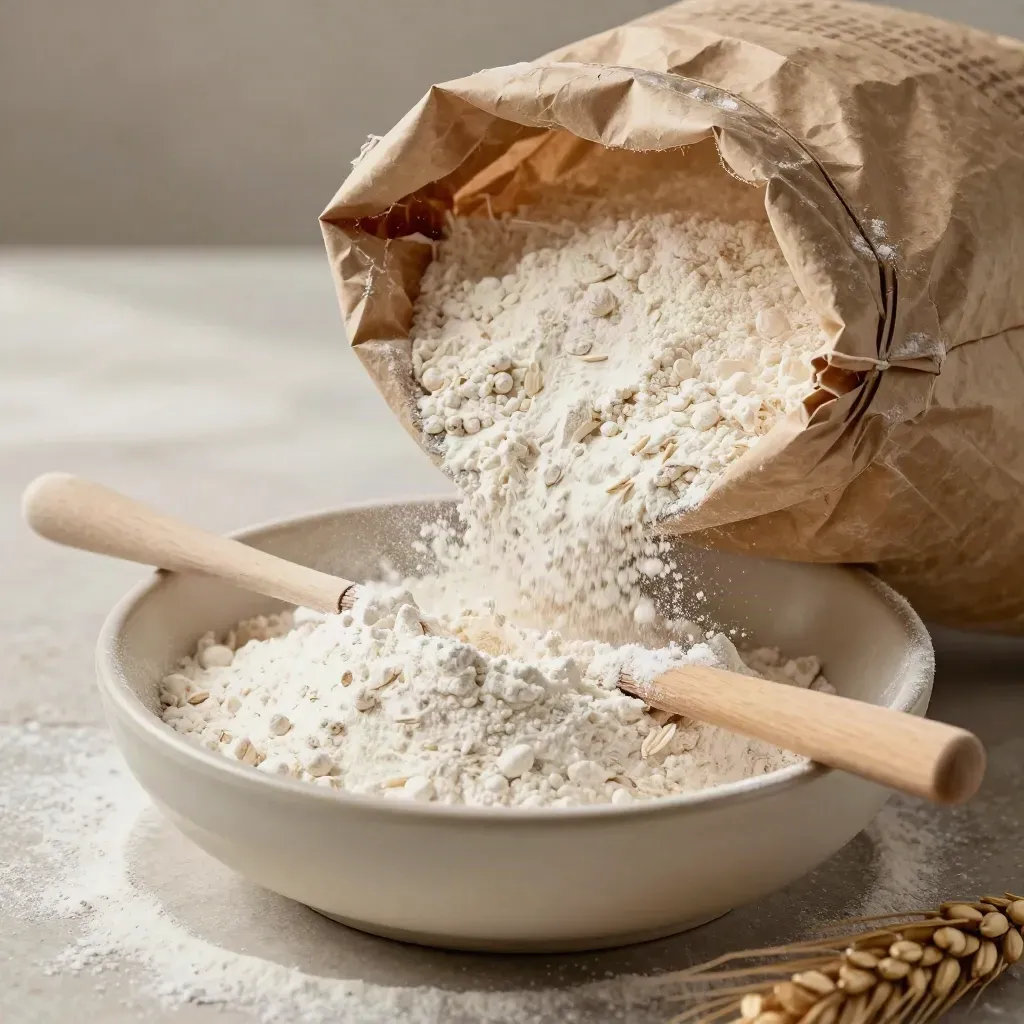 Sacco di farina di fave bianche con ciotola bassa, frusta di legno e nuvola di polvere.