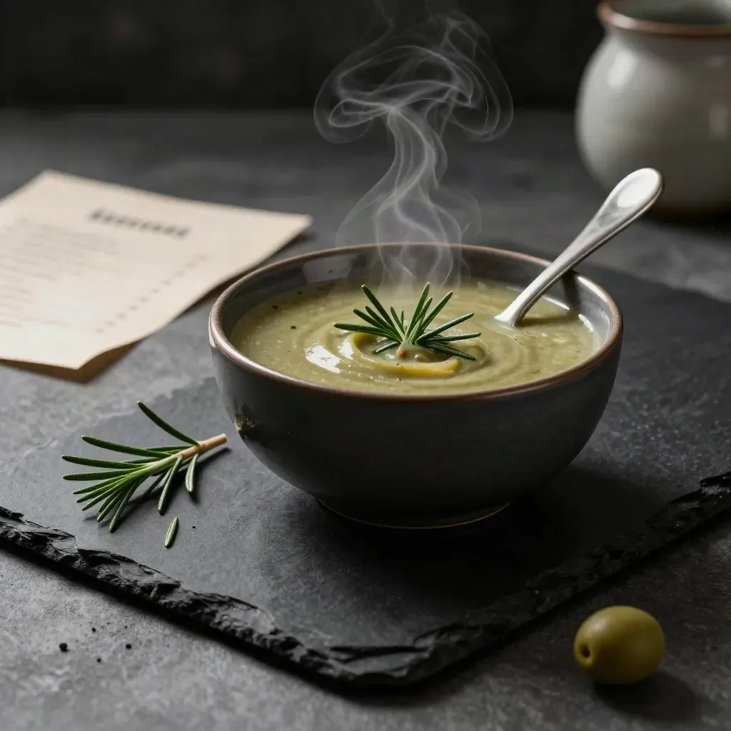 Zuppa di fave e rosmarino in ciotola ceramica con vapore, rosmarino e cucchiaio su fondo scuro