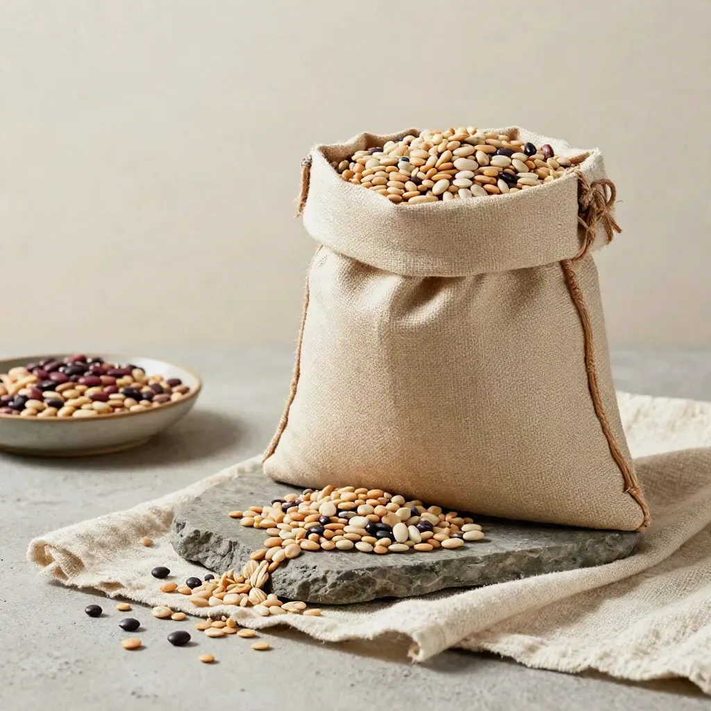 Sacco di mix legumi rustico con legumi crudi sparsi su piatto di pietra e lino naturale.