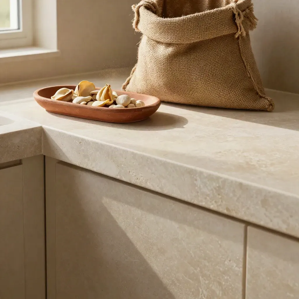 Cucina in pietra chiara con vassoio di terracotta e sacco di juta, luce soffusa dall’alto.