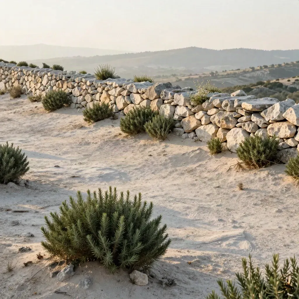 Muretto di pietra e rosmarino su un pendio mediterraneo, con foschia ampia per il testo.