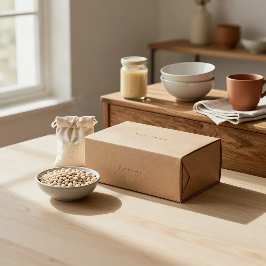 Box regalo di Fave Bianche con fagioli bianchi, ciotole e credenza rustica in luce morbida.